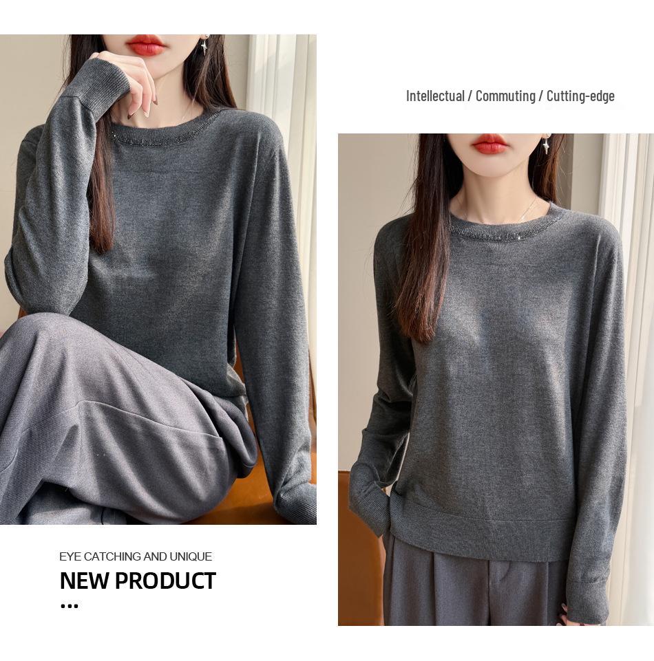Spring Women's Rhinestone Round Neck Knit Sweater - High-Quality Imitation Wool, Korean Style, Thin Base Layer