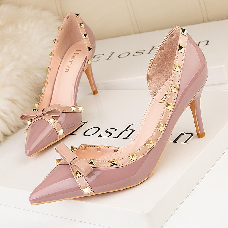Skinny women's shoes thin heels high heels shallow mouth pointed side hollow rivets single shoes