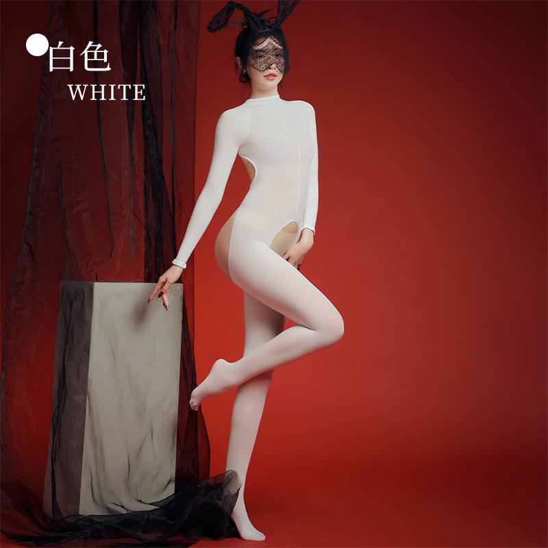 Sexy Backless Butt Open Crotch Jumpsuit Exotic Women'S Oil Shiny Glossy Bodysuit 10D High Elastic Tights Sheer Bodystocking