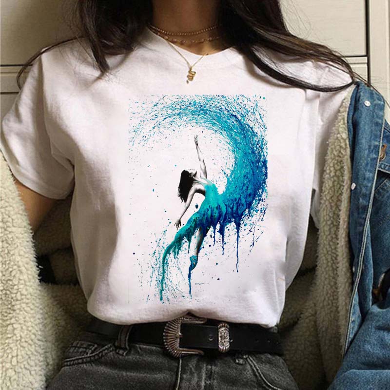 New Watercolor Ballet Dancer Print Women's T-shirt Casual Dance Ballet Round Neck Summer Outfit Harajuku Retro Top