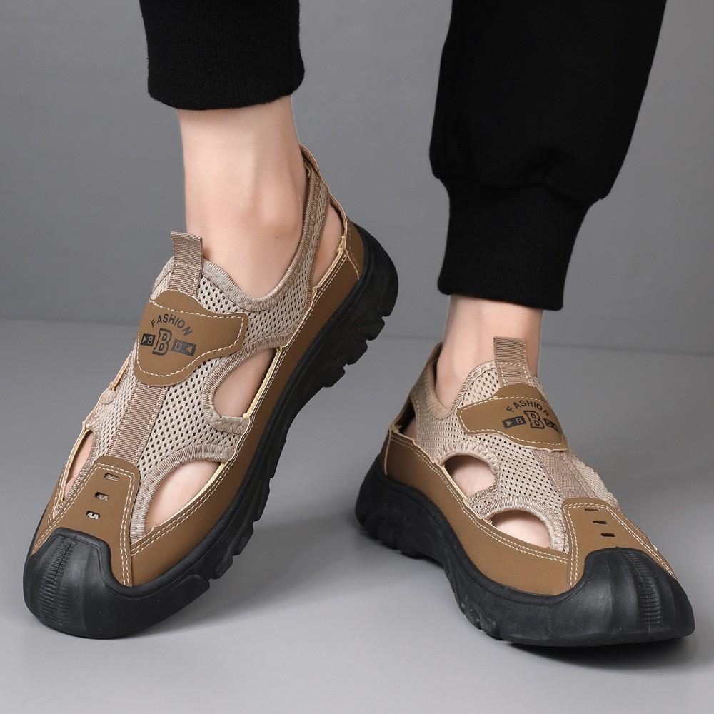 Men's Sandals Summer Breathable Hollow Mesh Hole Shoes Outdoor Non-Slip Lightweight Athleisure Shoes Toe Sandals