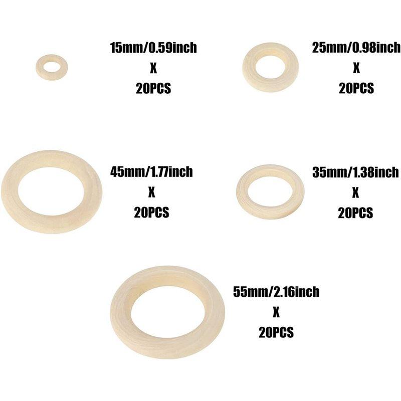 A25F-Pendant Connectors For Jewelry Making, 100 PCS Unfinished Natural Wooden Rings For Crafts, Wood Rings For DIY Macrame Suppl