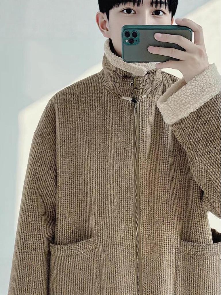 Men's Lambswool Thickened Winter Cotton Jacket with Velvet, American Retro Style, Warm Furry Woolen Coat, Trendy Stand Collar, Cool and Handsome Look