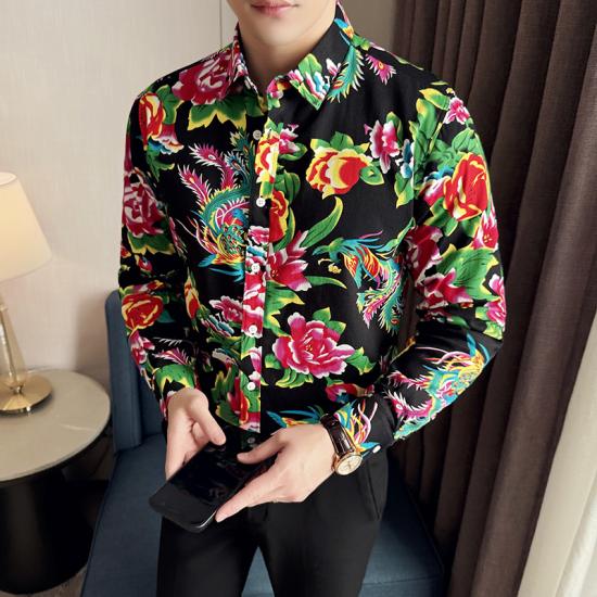 2024 Severovýchodní Velký Květinový Design Pánská Košile Čínský Styl Košile s Dlouhým Rukávem Knoflíkové Topy Trend Streetwear Ležérní Oversize Pánská 8XL