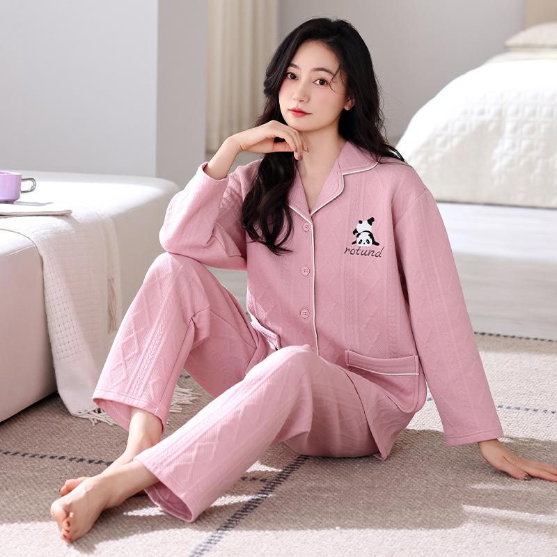 

Air Cotton Pajamas Women S Spring And Autumn Thickened Cotton Long-Sleeved Autumn And Winter Cotton-Padded Winter Sandwich Loungewear Set 2XL