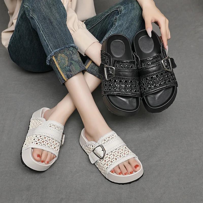 Fashion 5CM Weave Sheepskin Leather Shoes Hollow Mary Jane Loafer Slippers Platform Wedge Flats Peep Toe Women Breathable Sandals Summer