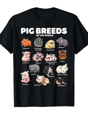 Pig Breeds of the World Graphic Tee Men Cotton Casual Farm Animal Illustrations T-Shirt