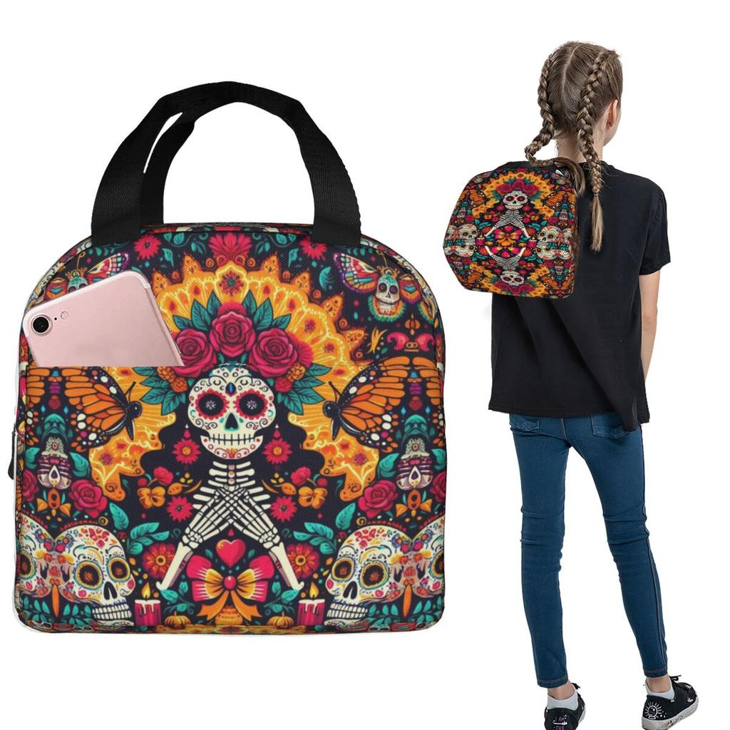 Mexican Sugar Skulls And Flowers Insulated Lunch Bag for Women Kids Portable Food Boxes Thermal Lunch Box Tote