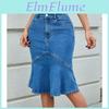 High Women Waist Skirts Denim Knee Length Stretch Jeans Ruffles Skirt