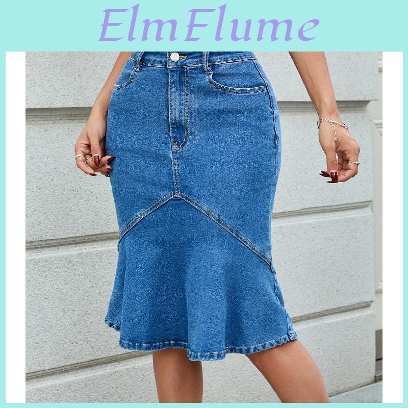 High Women Waist Skirts Denim Knee Length Stretch Jeans Ruffles Skirt