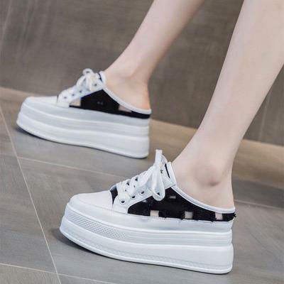Baotou Half Slippers Women's Fashion Beggar Shoes Canvas Inner Height Increase White Shoes Muffin Thick-soled Sandals