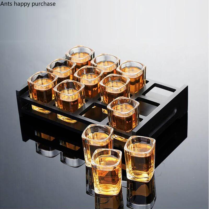 Glass Liquor Set White Wine Glass with Wooden Cup Holder Spirit Glass Shot Glasses Set Glass Cup Brandy Cups Drinking Glasses