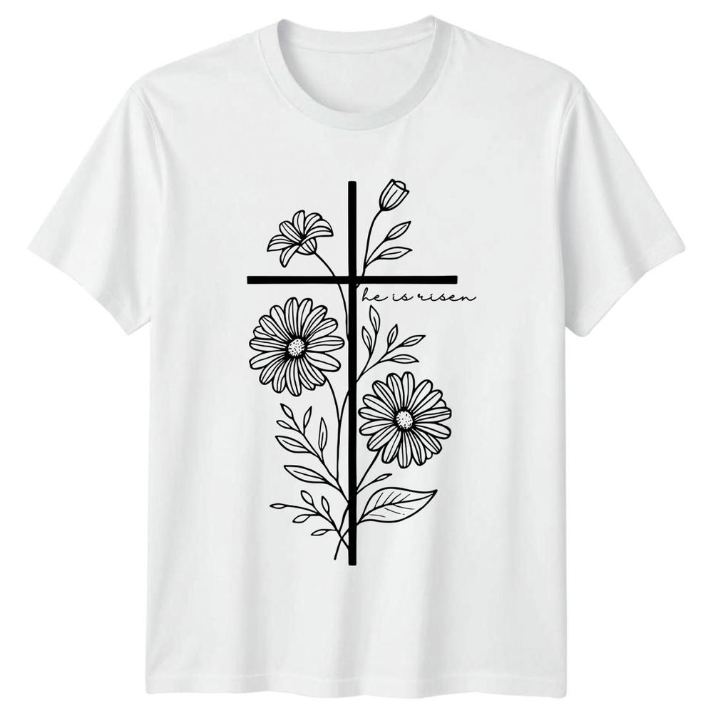 He Is Risen Unisexs TShirt Floral Cross Christian Easter Gift For Her S