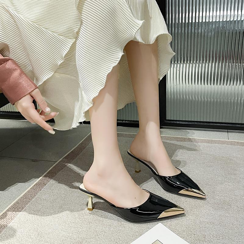 

Классические тапочки женские шлепанцы повседневные тонкие высокие каблуки женская обувь однотонная кожа металлическая отделка острый носок летняя обувь 36 чёрный