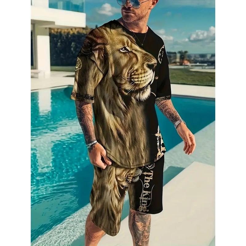 3D Wolf Print Blue Base Summer Men Short Sleeve Suit Short Sleeve Shorts 2 Pieces Casual Fashion Street Clothing