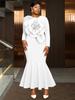 Plus Size Women's White 3D Floral Long Sleeve Mermaid Evening Dress