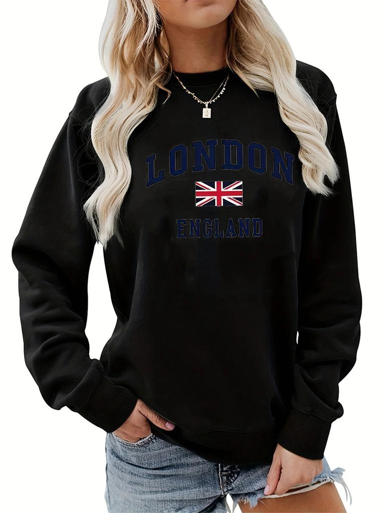 Women's Autumn and Winter Casual Fashion Loose Comfortable Warm London England Pattern Printed Round Neck Long Sleeved Pullover