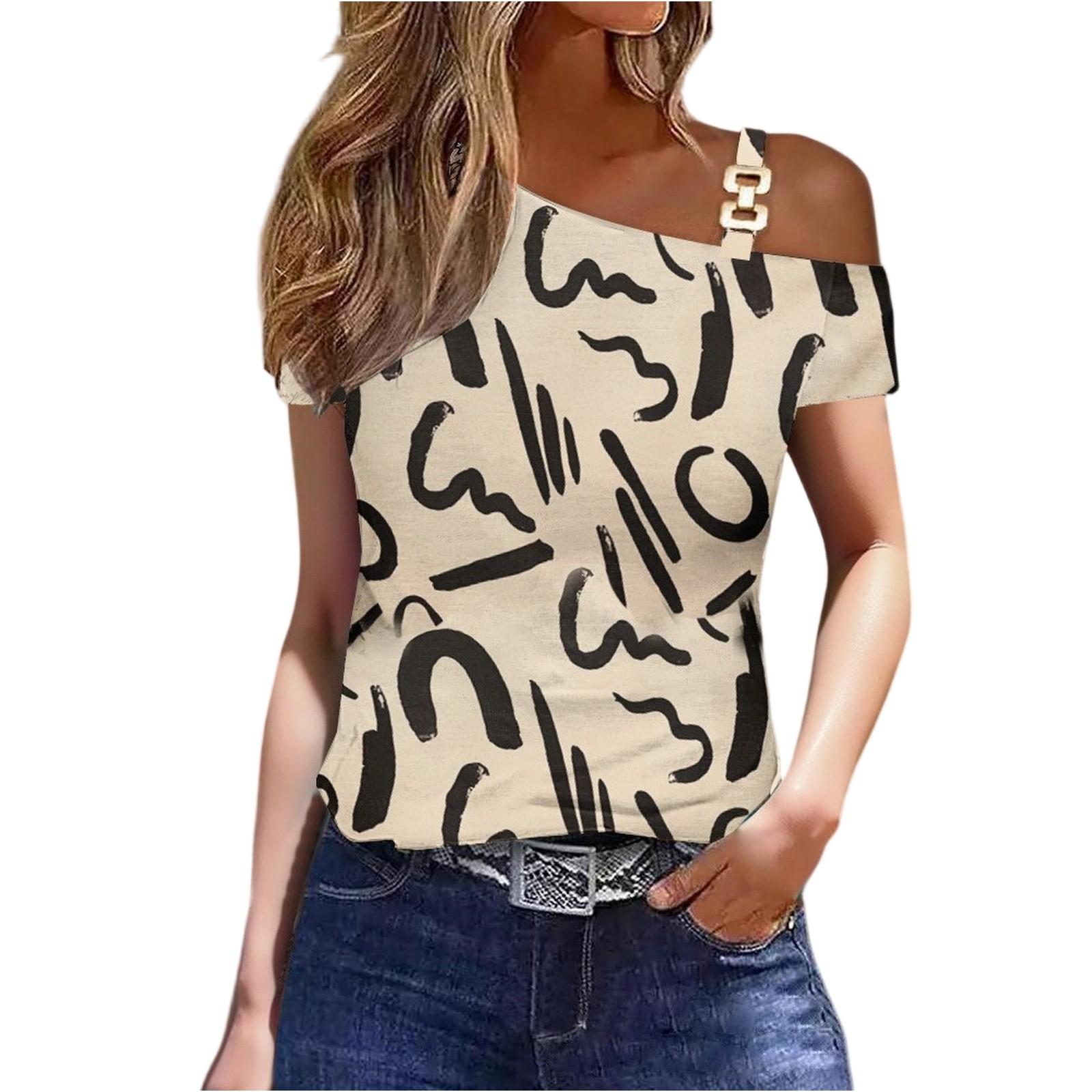 

T Shirts For Women Pleated Round Neck Dressy Casual Blouses Printing Short Sleeve Summer Tops Loose Fit L бежевий