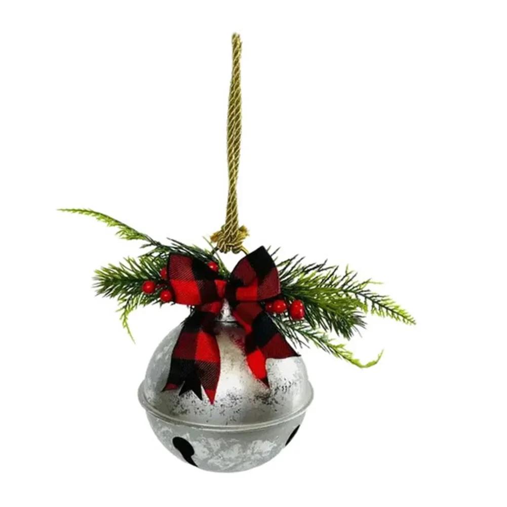 

Christmas Decoration Metal Jingle Bells with Holly Berry and Checkered Bow for Holiday Ambiance and Party Settings срібний