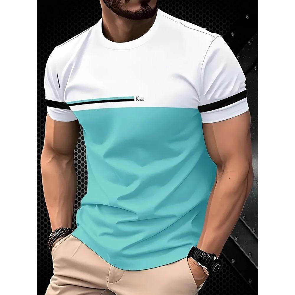 Men's Fashion Stripe Splicing 3D Printed Short Sleeve Comfortable To Wear