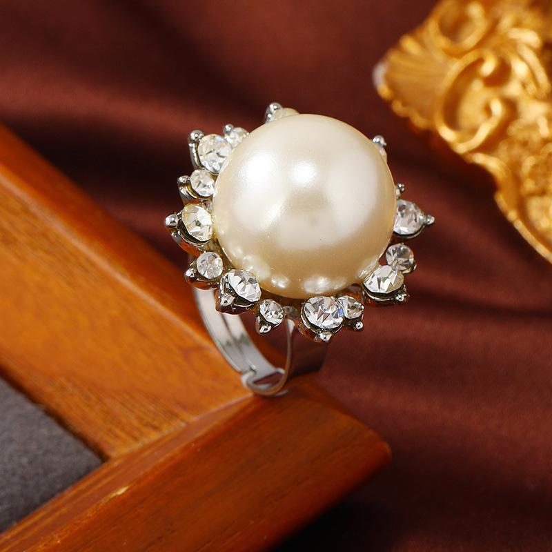 

Rhinestone Pearl Flower Open Ring - Women s Luxury French Fashion Design Jewelry