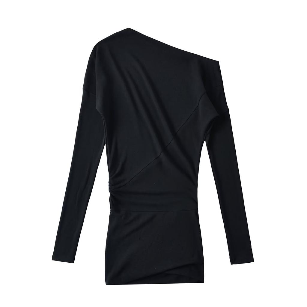 American vintage off-shoulder asymmetrical long-sleeve dress for women, new autumn pure and alluring spicy girl waist-cinching slimming pencil skirt