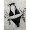 Sexy Solid Color Crystal Rhinestone Lace Up Split Two Piece Bikini Swimsuit For Women Beach Vacation
