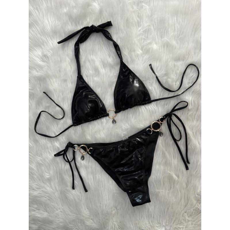 Sexy Solid Color Crystal Rhinestone Lace Up Split Two Piece Bikini Swimsuit For Women Beach Vacation