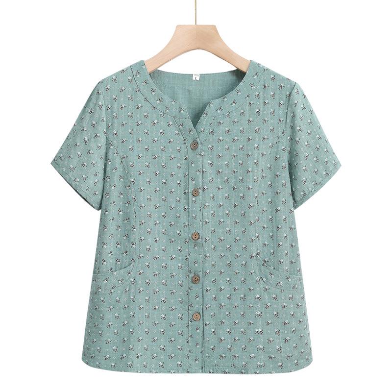 

Summer Floral Cotton Shirt for Middle-Aged & Elderly Women - Short-Sleeve Top for Mothers & Grandmothers XL (Recommended 90-105 jin)