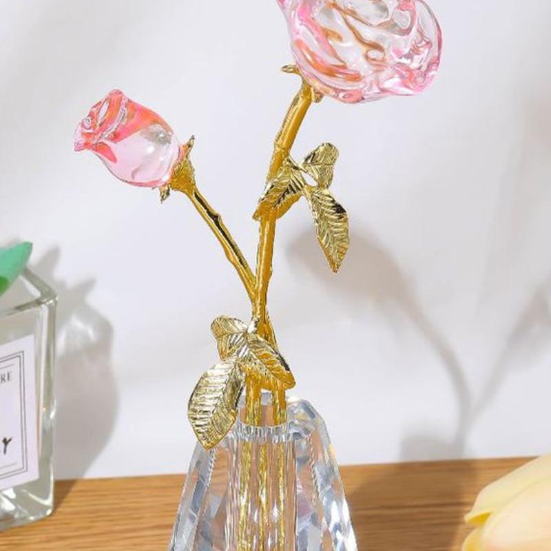 Crystal Rose Sculpture with Vase Collectible Flower Ornament Wedding Anniversary Gift for Home Decoration Accent