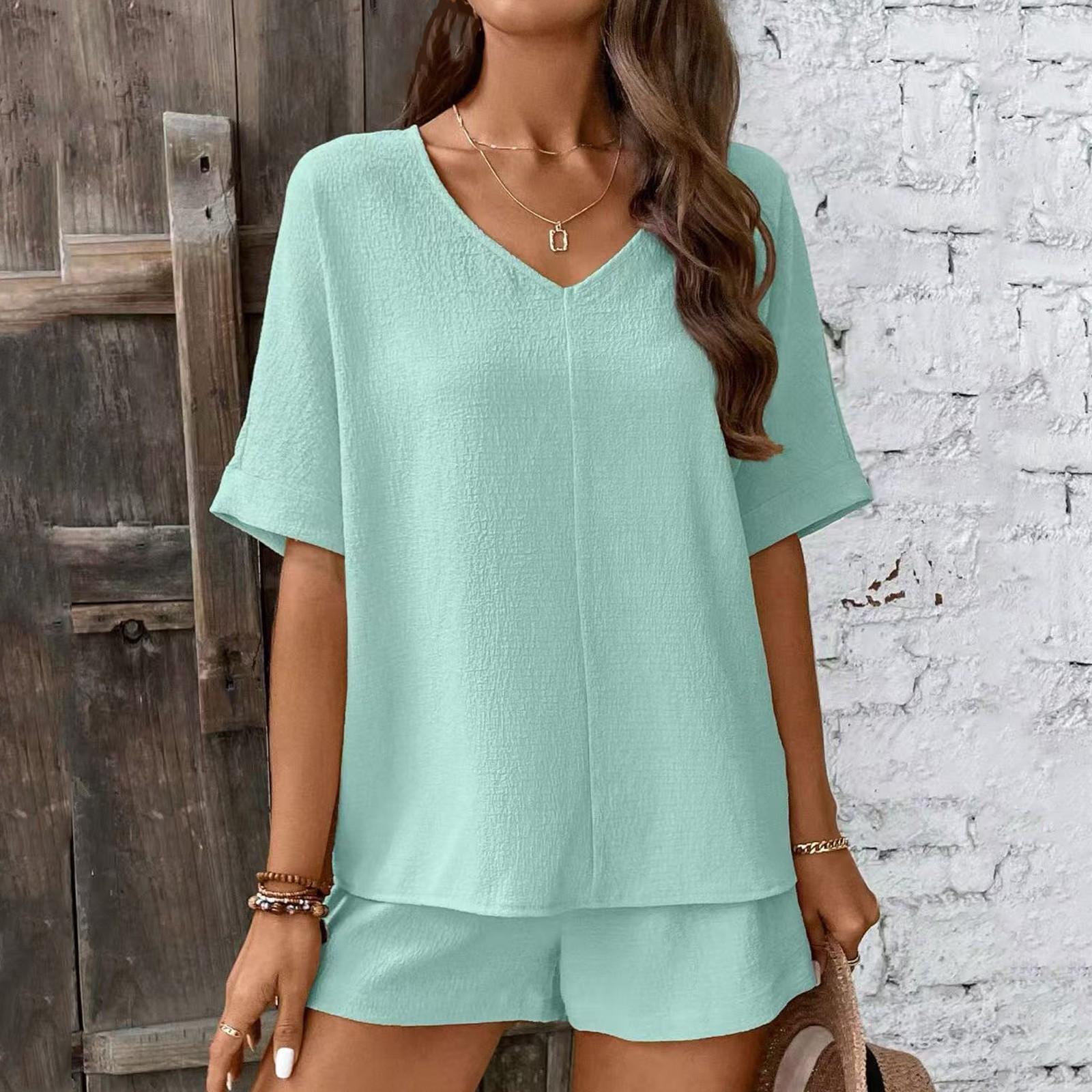 

Женский повседневный комплект для отдыха с топом с коротким рукавом и шортами на шнуровке M светло-зеленый