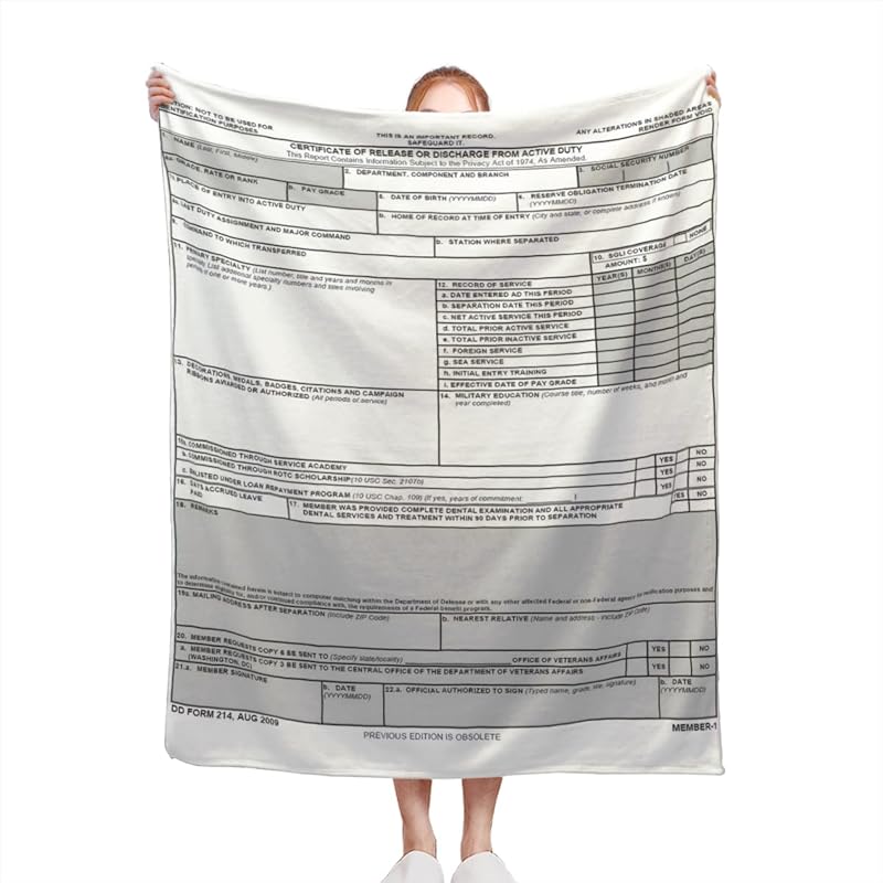 DD Form 214 Throw Blanket Veterans Blanket Gifts for Retired Men Cozy Soft Fleece Blanket Gift for Dad Women Girls Boys Couch Sofa Bedroom Living 50x40 Inch