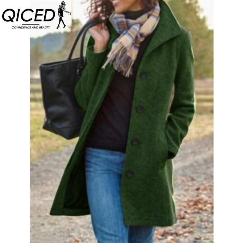 

QICED Женские винтажные повседневные куртки и пальто с принтом «клетка», осенне-зимние, с длинным рукавом и воротником поло S зелёный