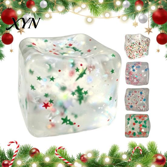 Anxiety Relief Gadget Christmas Ice Cube Squeeze Toy, Confetti Filled Stress Stocking Stuffers Slow Rebound Clear for Reduction Relaxing Hand