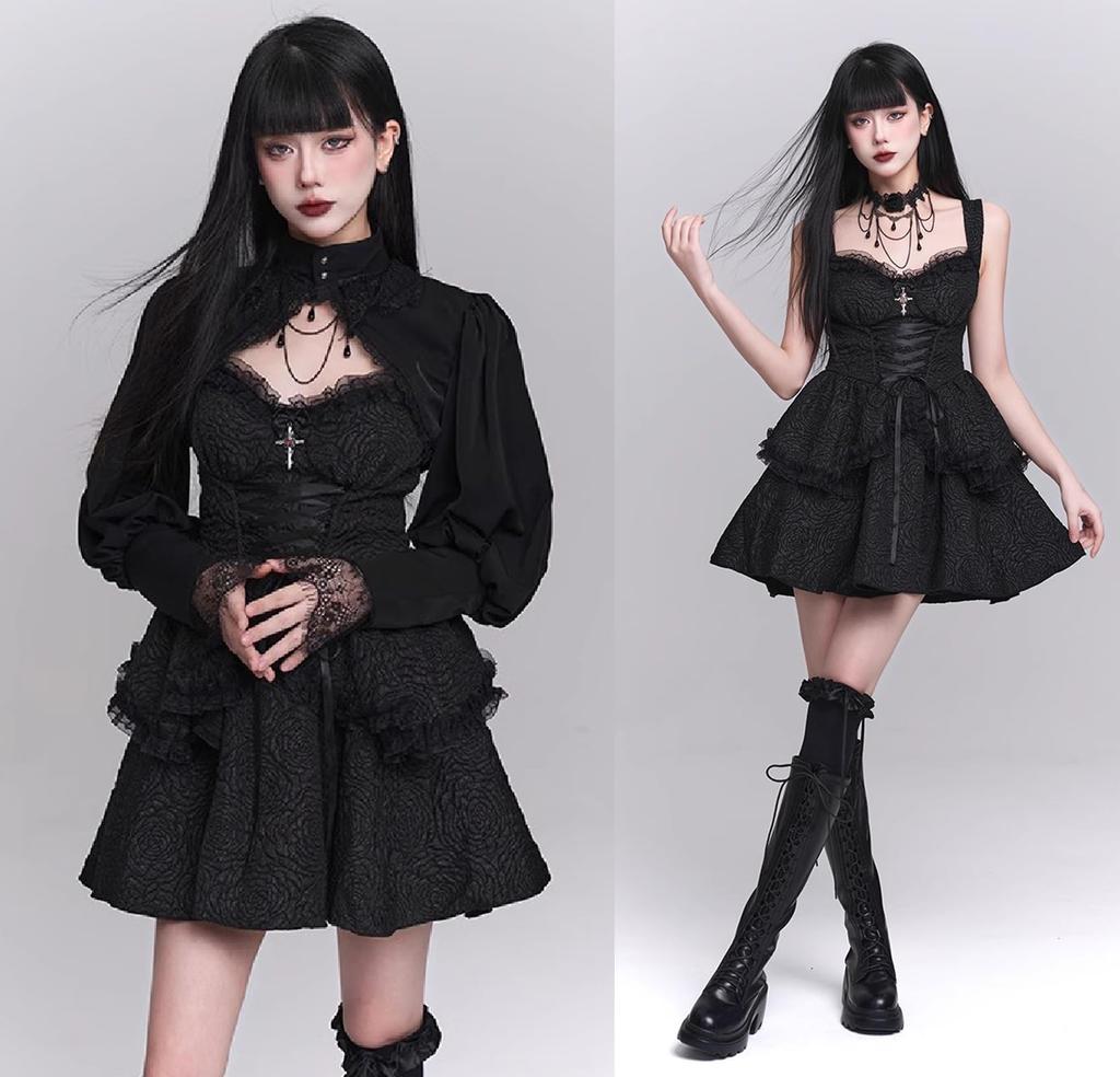 Qichenk Gothic Lolita Langarm Gothic Lolita Gothic Halloween Damenkleid, Spitze, Kostüm, Damenhaft, Kleid, Cosplay, Niedlich, Outfit, Schwarz,