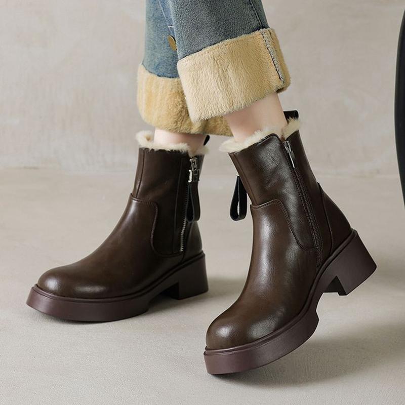 Fashion NEW Winter Women Boots Round Toe Chunky Heel Shoes Split Leather Shoes for Women Concise Warm Wool Boots Daily Shoes Zip Boots