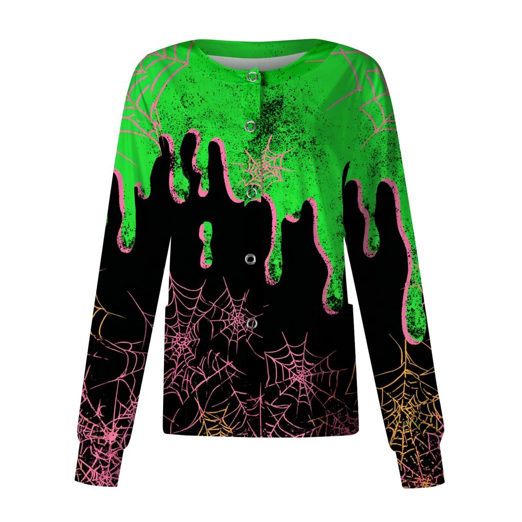 Women's Casual Long Sleeve Single-Breasted Cardigan with Halloween Print for Caregiver Costume