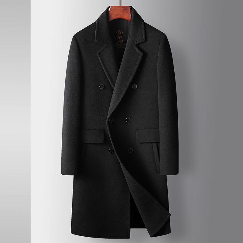 

Men s Coat Autumn and Winter Long Double-breasted Handmade Wool Trench Coat, Youth Business Double-sided, Solid Color Warm Coat 195 чорний