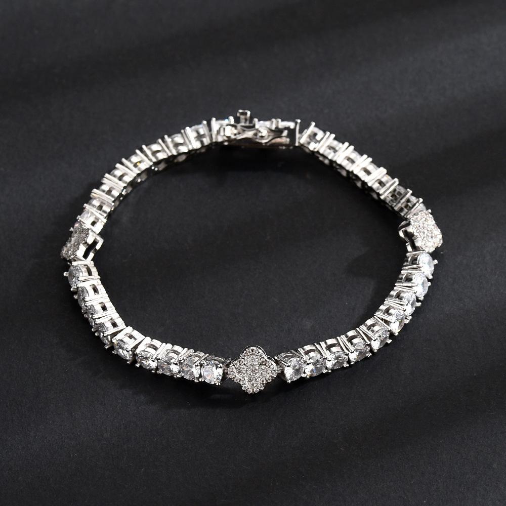 Full Diamond Clover Tennis Bracelet Tide Brand Hip Hop Copper Plated 18K Gold Bracelet Jewelry 7inch 18cm