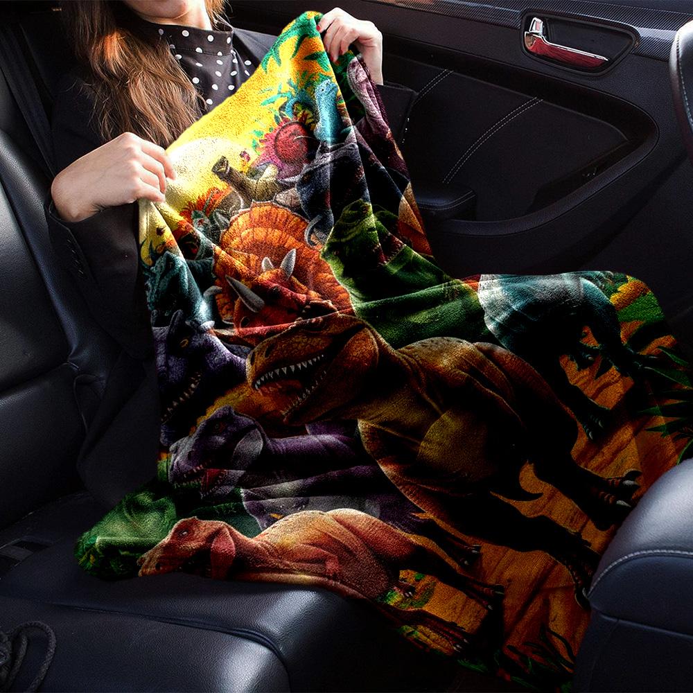 Colorful Jurassic Dinosaur Group Tropical Jungle Print Flannel Blanket Prehistoric Wildlife Throw Blanket Soft Cozy Home Sofa Bed Decor