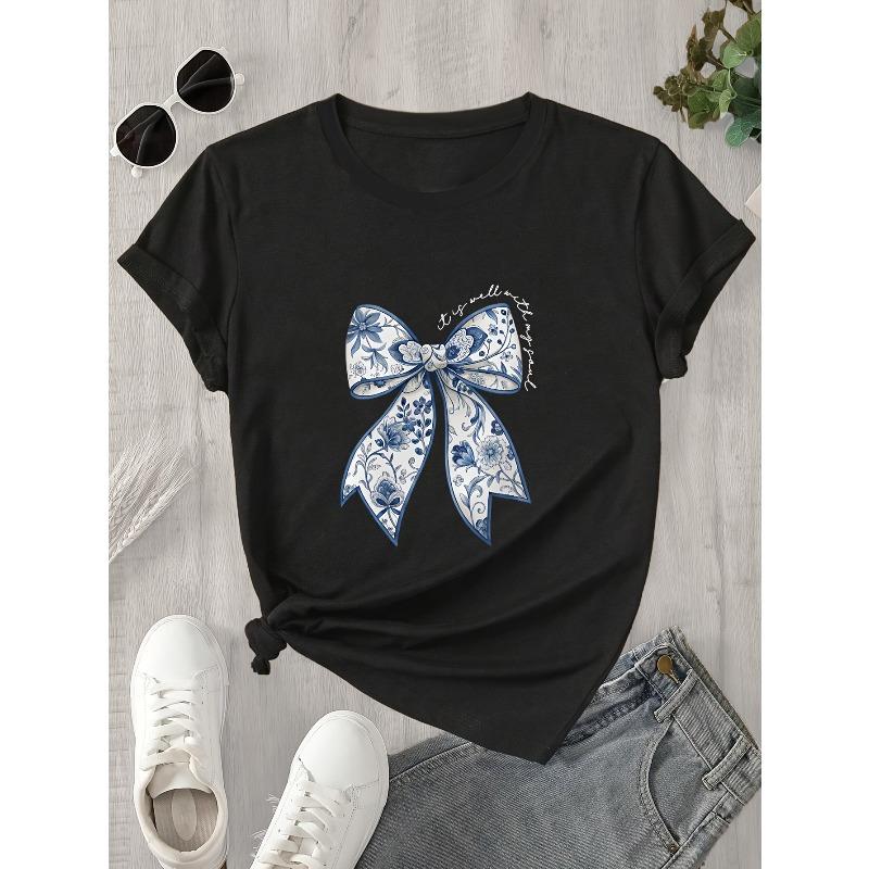 European Size Women's Butterfly Print T-Shirt - Casual Short Sleeve Top with Blue Floral Bow Design, Breathable Summer Tee