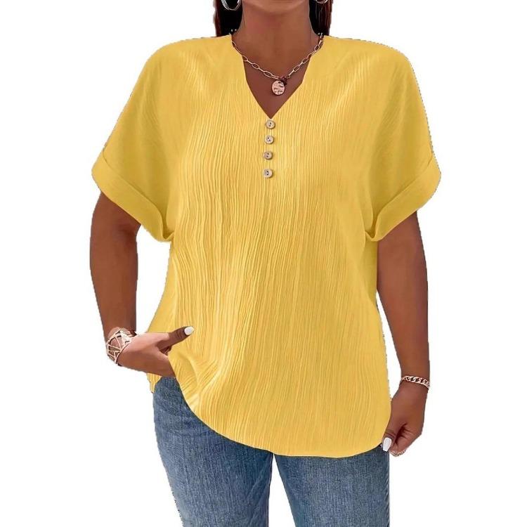 T-shirt Casual da Donna Taglie Forti Casual Colore Unico Bottoni Scollo a V Elegante Colore Unico Manica Corta Abbottonata Moda Quattro Stagioni Nuovo