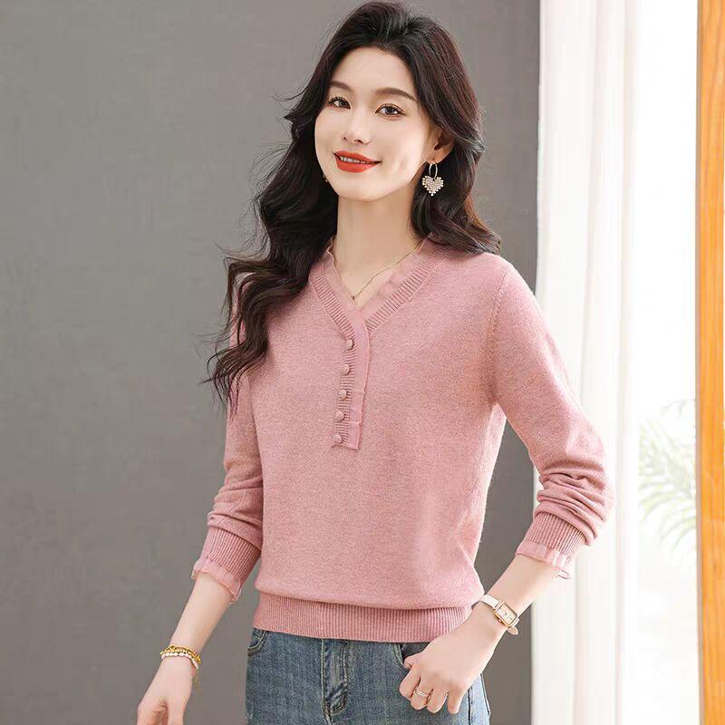 Stickad tröja med spetskant för kvinnor, snygg V-ringning, moderiktigt temperament, enfärgad basplaggströja, vårhöst, ny stil