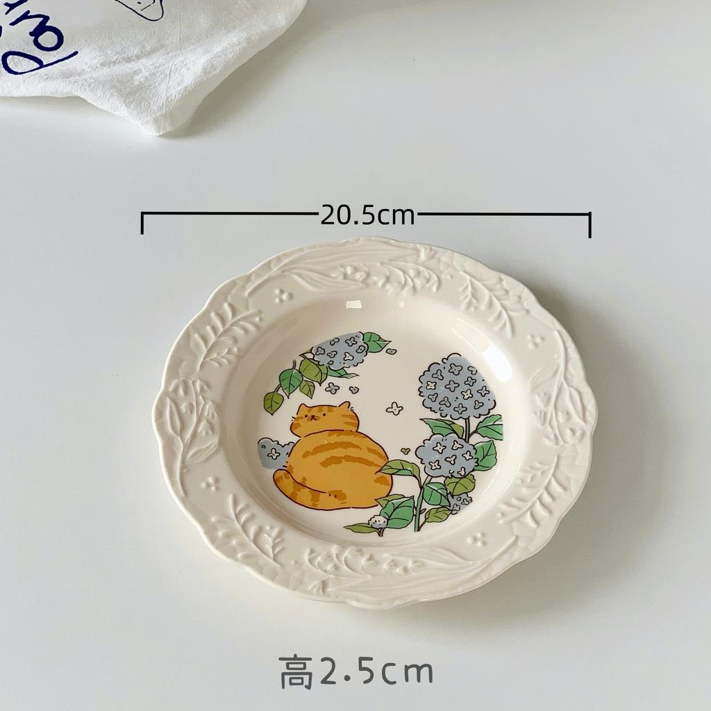 Japanese Cute Cartoon Cat Ceramic Relief Plate Dessert Cake Noodle Plate Household Dish Plate Western