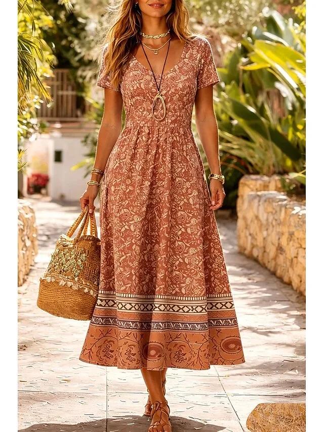 2026 Summer Mid-Waist Women's Casual Round Neck Printed Maxi Dress