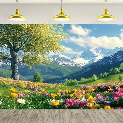 2D Spring Mountain Tapestry, Blooming Tulips & Snow Peaks for Home Decor