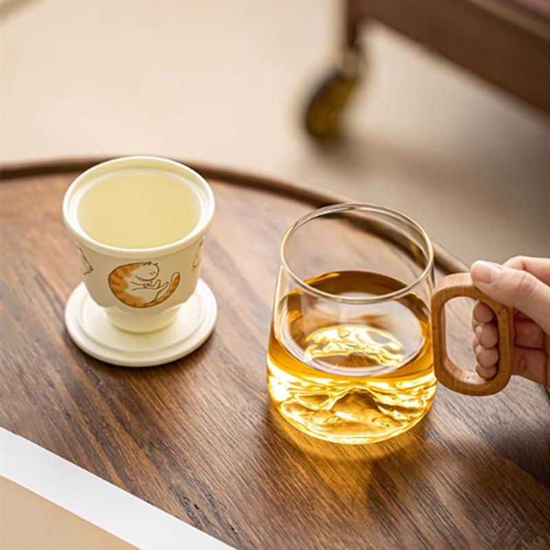 380ml Chinese Ceramic Tea Cup Mug with Lid Glass Strainer Handmade Cute Cat Teacup Tea Water Separation Cup Travel Teaware