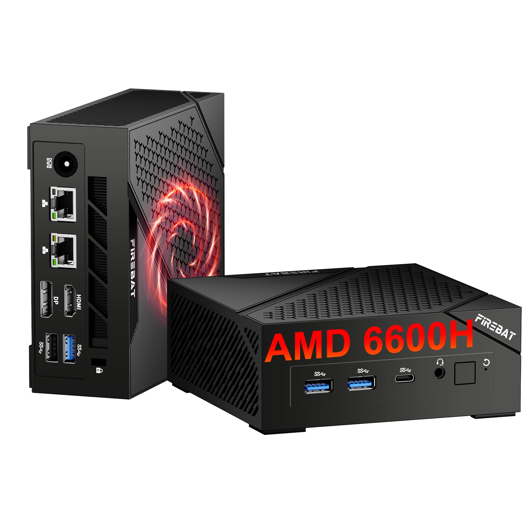 

FIREBAT Міні-ПК Ryzen 6600H до Подвійний SSD 16 ГБ DDR5 4800 МГц 512 ГБ 2280 PCIe AMD Radeon Потрійний відеовихід HDMI Міні-ПК Ігровий ПК (6C/12T, 4.5GHz), чорний
