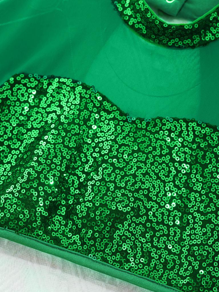 Kids Girls Sparkly Dance Outfit Stand Collar Crop Top Mesh Patchwork Open Back with Skirt