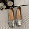 Spring Small 5CM Inner Height Increase Women's Shoes Square Head Bow Mary Jane Ballet Shoes Temperament Single Shoes